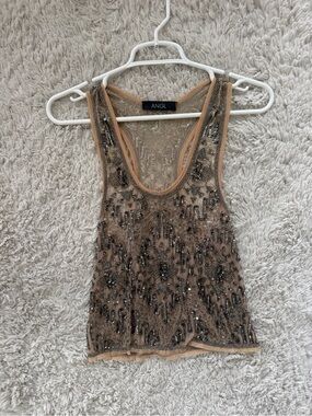 ANGL Nude Beaded Mesh Tank with Gunmetal Embellishment
